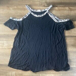 BiBi Black Cold Shoulder Top with Leopard Trim
